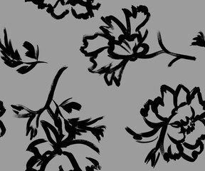 Seamless pattern with silhouettes of peonies flowers painted for textile and surface design. Summer motif with dynamic botanical composition © Марина Воюш
