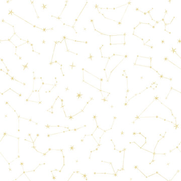 Starry sky seamless watercolor pattern with constellations isolated on background. Celestial repeat for baby fabric, nursery wallpaper and wrapping paper. Childish backdrop for bed linen.