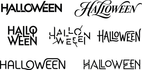 Fototapeta premium Halloween typography collection, spooky holiday lettering set, black decorative text logos for party invitations and seasonal posters
