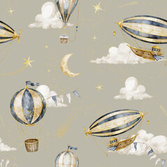 Airship seamless watercolor pattern with hot air balloons and blimp on beige background. Vintage celestial repeat with aerostat, clouds and stars for fabric, nursery wallpaper, wrapping paper. © Alisles