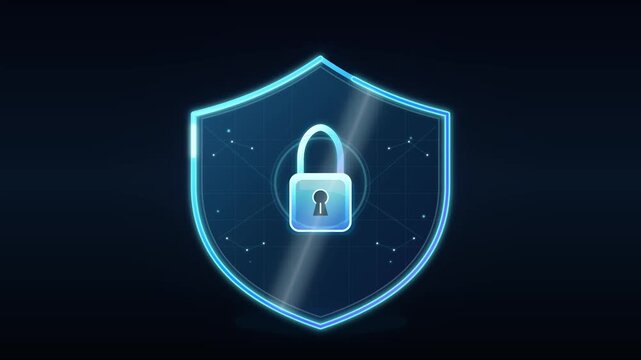 Glowing blue digital security shield protecting sensitive information in this animated motion graphics loop video file