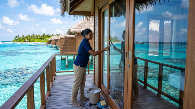 Hotel Staff Cleaning Windows on an Overwater Bungalow Deck in the Maldives