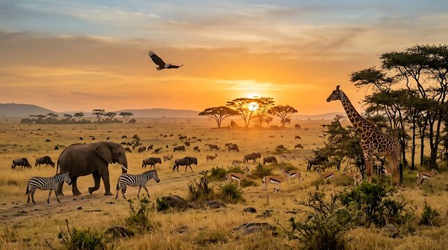African savannah wildlife at sunset with giraffe elephant zebras and antelopes