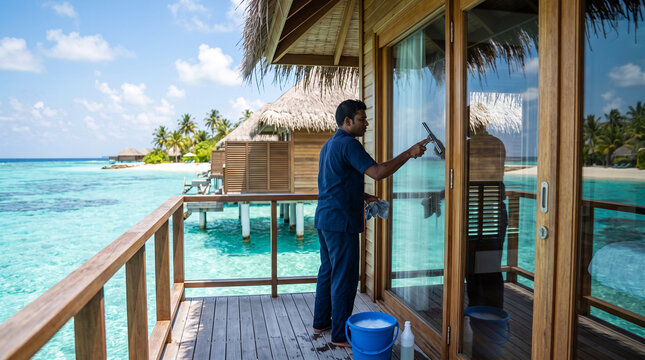 Hotel Staff Cleaning Windows on an Overwater Bungalow Deck in the Maldives