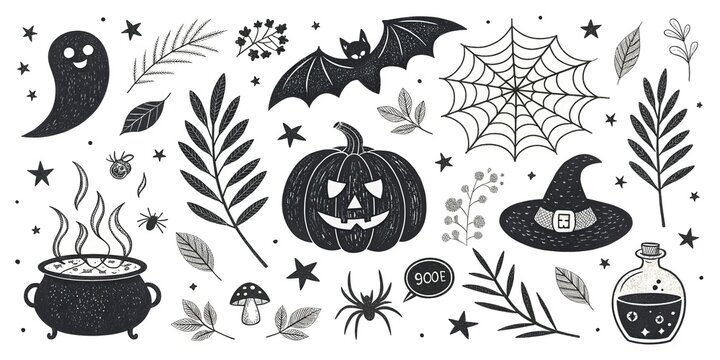 Halloween spooky elements set with haunted castle pumpkins bats and spider web