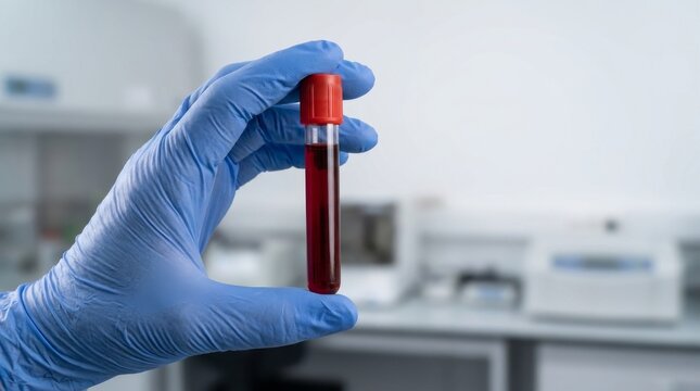 Hand in blue nitrile glove holding a red-capped blood sample tube in a clinical laboratory environment.