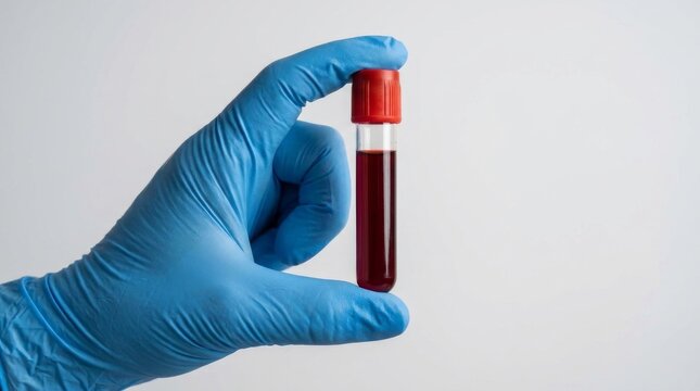 Medical professional hand in blue glove holding blood collection tube for clinical analysis and diagnosis.
