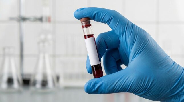 Scientist holding blood sample tube with blank label in clinical laboratory.