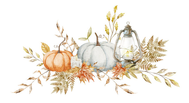 Autumn watercolor illustration with pumpkins, lantern, wheat, fern and fall foliage isolated on background. Harvest fall botanical clipart arrangement for Thanksgiving invitations and seasonal design.