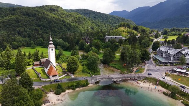 Bird's-eye view of St John the Baptist Church beside Lake Bohinj, Slovenia