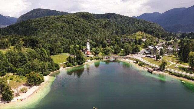 Panoramic view of Lake Bohinj (Bohinjsko jezero) and the Julian Alps, Slovenia