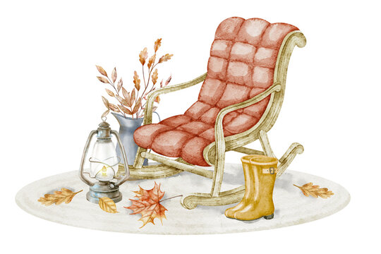 Autumn rocking chair watercolor illustration with lantern, rubber boots, leaves and fall decor isolated on background. Cozy seasonal clipart for farmhouse, harvest festival and home designs.