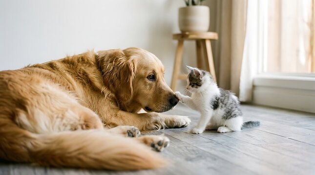 Golden Retriever dog and little grey kitten touching noses on wooden floor