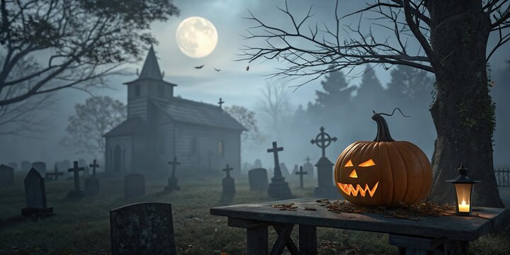 Halloween pumpkin in haunted graveyard under full moon spooky night horror scene