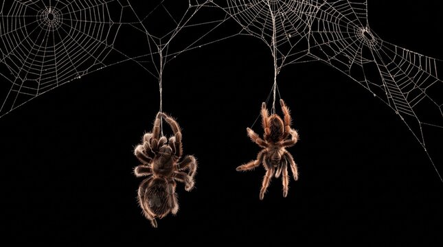 Real creepy spider webs on black banner as a top border with tarantulas hanging from the webs