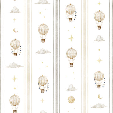 Striped balloon seamless watercolor pattern isolated on background. Repeat design for fabric, nursery wallpaper and wrapping paper. Baby backdrop for bed linen or childish textile in pastel colors.