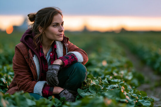 Female Farmer Crouching in Green Field at Sunset