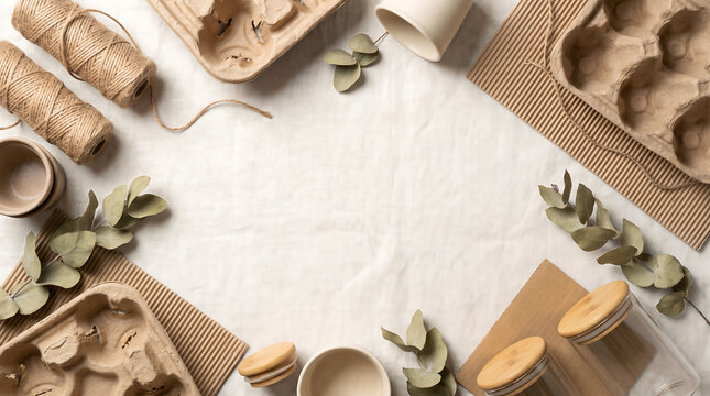 Eco friendly packaging materials arranged on a white fabric background