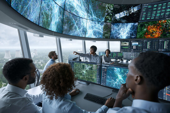 Team of Operators Working in High Tech Control Room