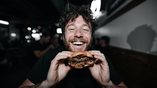 Happy Young Man Holding Juicy Burger in Restaurant