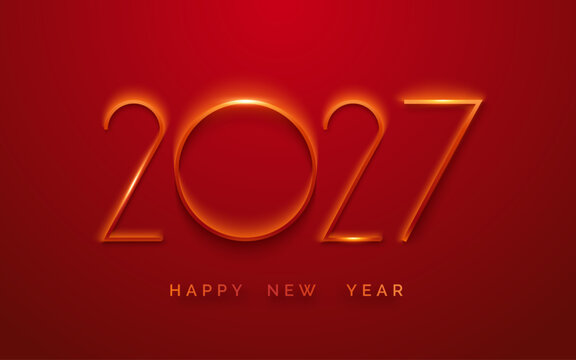 2027 Happy New Year text with orange glow on dark red background. Festive holiday design for New Year greetings, cards and seasonal promotions