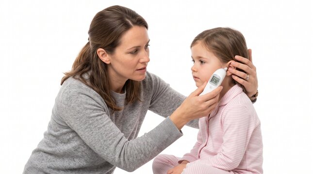 Mother checks daughter's temperature with digital ear thermometer on white background