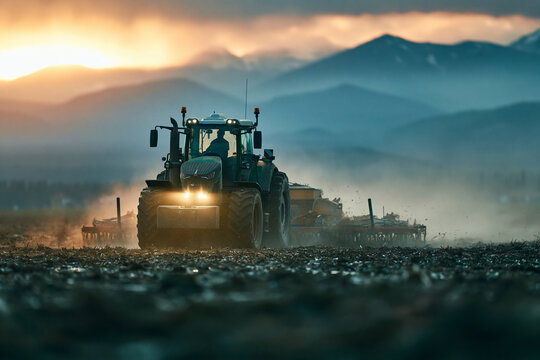 Modern Tractor Working in Farm Field at Sunset