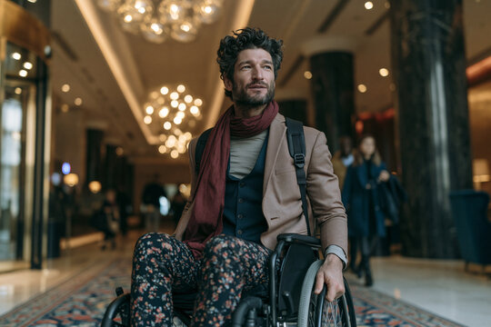 Stylish Disabled Man in Wheelchair Moving Through Luxury Hotel Lobby