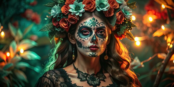 Woman with sugar skull makeup and flower crown celebrating Day of the Dead