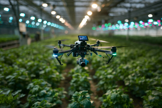 Agricultural Drone Monitoring Crops in Modern Greenhouse