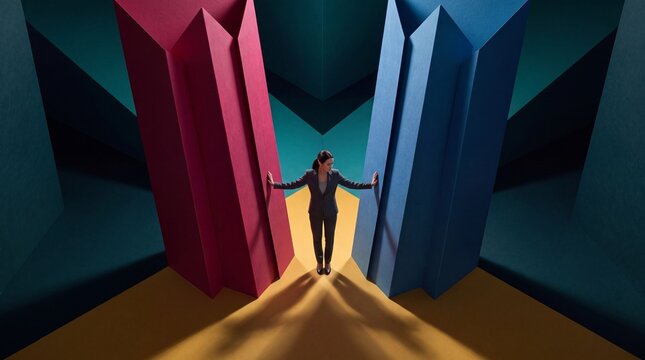 Businesswoman Pushing Geometric Structures in Conceptual Setting