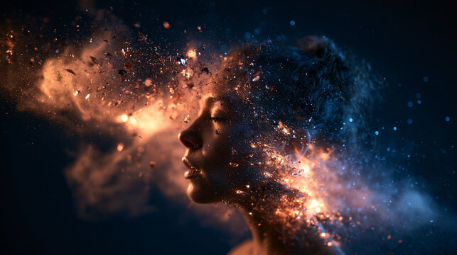 Woman Face Dissolving into Glowing Cosmic Energy and Sparks