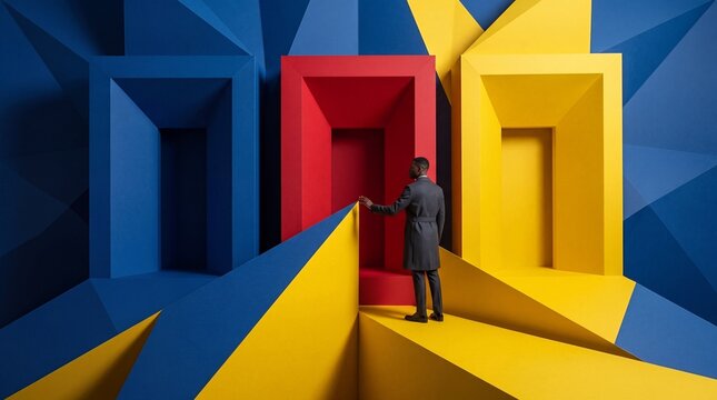 Businessman Standing Before Three Colorful Doors Making Choice