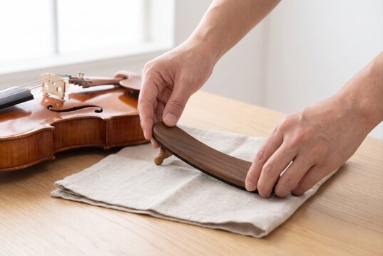 Person attaching a wooden shoulder rest to the back of a classic wooden violin on a towel