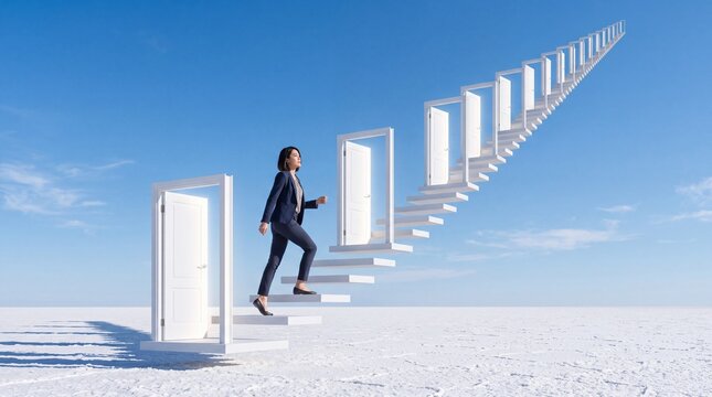 Businesswoman Climbing Stairway to Future Opportunity and Success