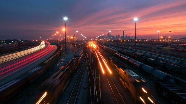 Freight Trains and Highway Traffic at Sunset