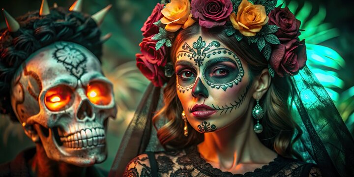Day of the Dead woman with floral crown beside glowing skull portrait. Santa muerte Mexican death mask La Catrina for santa muerte - day of the dead holiday