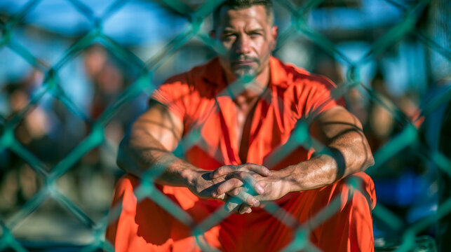 Male prisoner in an orange jumpsuit sitting behind a chain link fence, representing incarceration, criminal justice, punishment, detention and loss of freedom