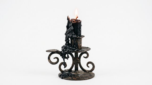 Black candle in an antique metal candlestick with melting wax and a lit flame on a white background