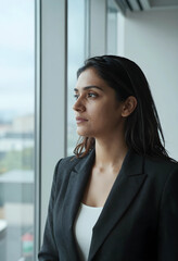 Obraz premium Businesswoman looking out office window, career contemplation and future planning, corporate leadership and professional development