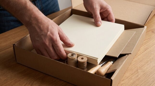 Man taking a stack of blank paper out of a cardboard box next to bookbinding tools and thread