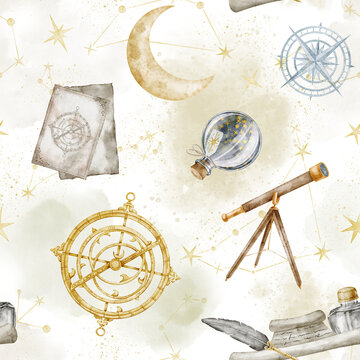 Explorer seamless watercolor pattern with astrolabe, telescope, compass and celestial objects isolated on background. Vintage repeat for fabric, wallpaper, nursery decor and wrapping paper.