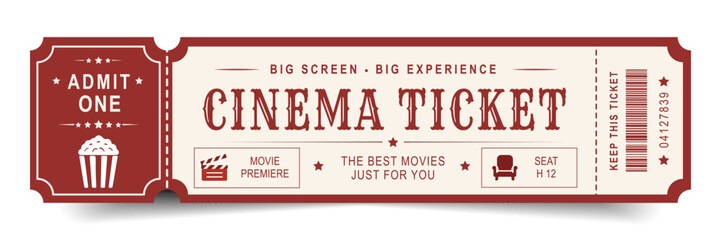 Vintage cinema ticket vector illustration. Retro movie pass design with popcorn, clapperboard and seat number. Admit one entertainment coupon isolated on white background. © Philipp_Karpenko