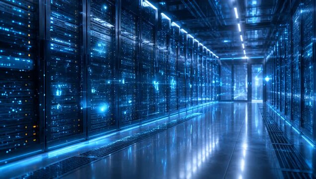Secure Data Center Server Room with Cybersecurity Network