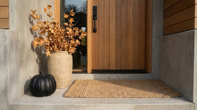 Black pumpkin beside a rustic doorway decorated with dried autumn leaves. Halloween home entrance with seasonal harvest decor and welcoming fall atmosphere.