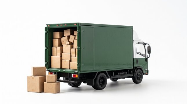 Green delivery truck loaded with cardboard boxes, some stacked outside the open cargo bay against a white background