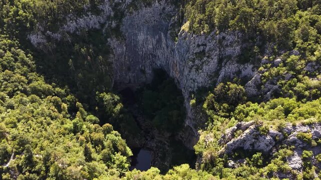 Aerial view of the sinkhole at Skocjan Caves Regional Park, Slovenia