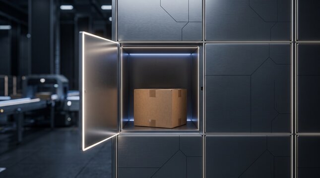 Modern automated locker with a cardboard box inside a dimly lit warehouse setting