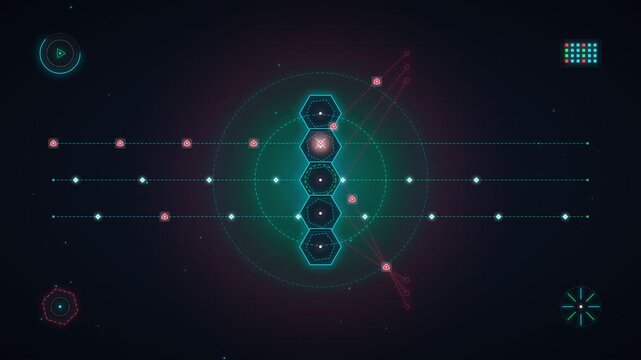 Futuristic digital interface with glowing abstract hexagons and data lines