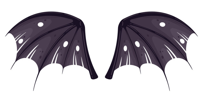 Spooky bat wings. Dark purple wing pair with broad membranes and rounded lower edges flat vector illustration. Gothic Halloween decoration isolated on white background